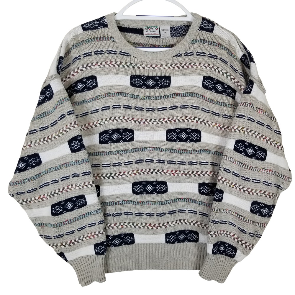 Giorgio di Firenze Men Vintage Geometric Knit Sweater Made in Italy Beige Navy M
